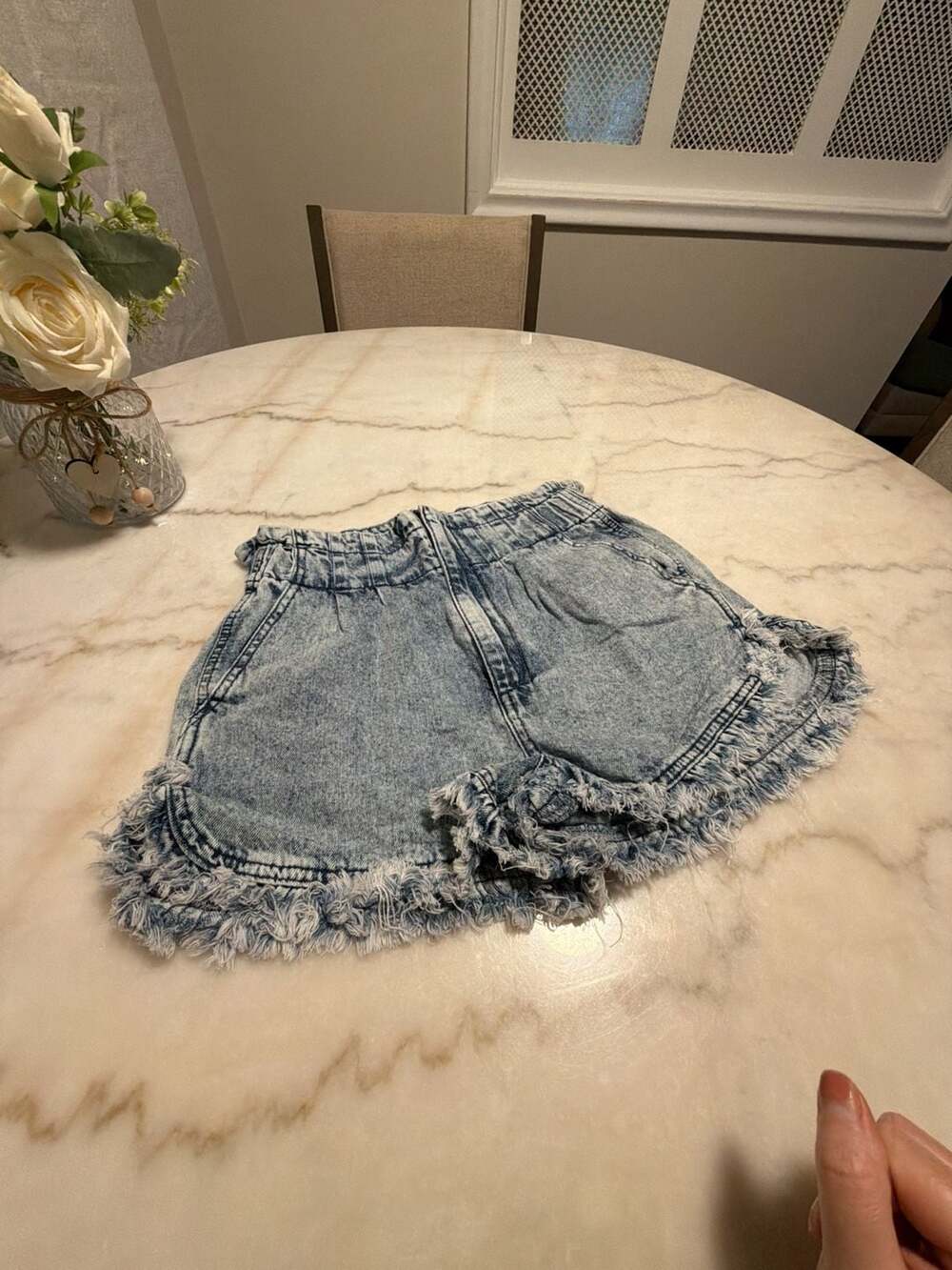 TGLA Acid Wash High Waisted Ruffle Hem Denim Shorts
